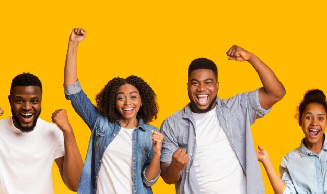Collage of happy black people men and women celebrating success on yellow studio background, panorama